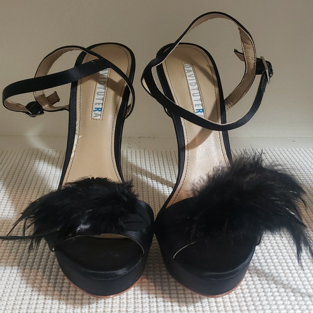 David Tutera Black Sandals with Feather Detail